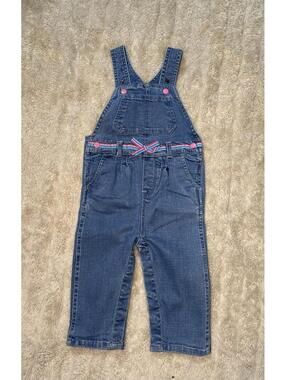 Hatley Baby Girls' denim bib overalls Size 12-18M medium wash rainbow belt trim